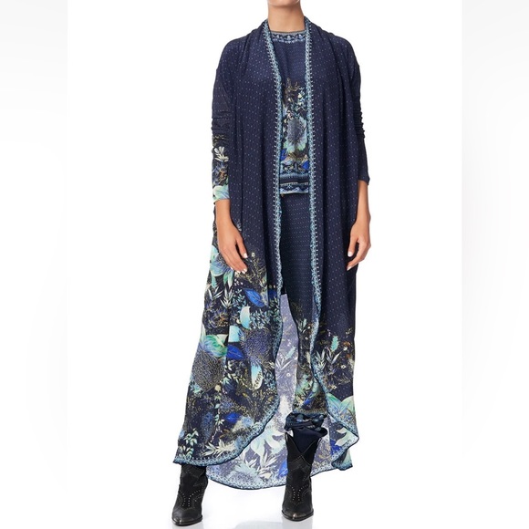 CAMILLA *Natures Nectar* blue floral silk boho long casual jacket w pockets S/M